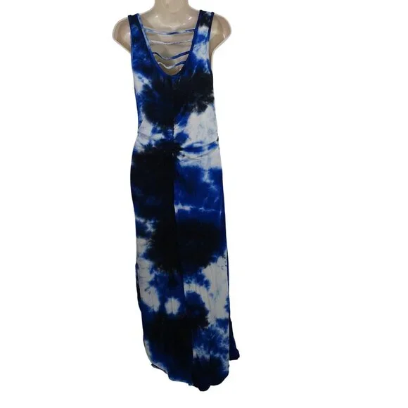 Cato Blue Tie Dye Maxi Tank Dress Women Size MP Slits Strappy Neckline Ruched - Picture 5 of 12